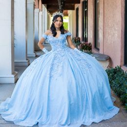 Robe de bal scintillante bleu ciel robes de Quinceanera 3DFlower Applique hors épaule douce 15 16 robe tenue de fête d'anniversaire