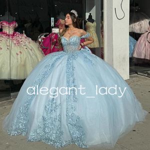 Robes de princesse Quinceanera bleu ciel scintillantes, épaules dénudées, appliques florales 3D, Corset désossage, robes de xv anos, doux 15, 2024