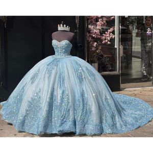 Sky Blue Sparkly Princess Quinceanera Jurken Sweetheart Gillter Applique Crystal Sweet 15 Vestido de XV Anos 2024 Prom 0531
