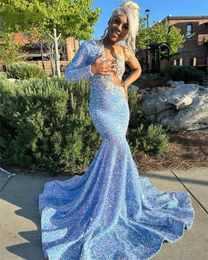 Sky Blue Sparkly Prom Glitter Crystal Beads Rhinestones Sequins jurk afstuderen verjaardagsfeestje jurk voor zwarte meisjes 2024