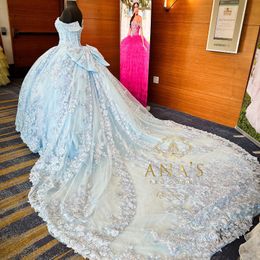 Bleu ciel scintillant Quinceanera robes 2024 formelle luxe fête perles dentelle appliques doux 15 robe Graduation balle Gwon robes de bal