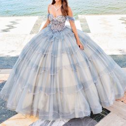 Vestidos de quinceañera brillantes azul cielo 2024, fiesta Formal de lujo con cuentas de encaje, Tull dulce 15, vestido de graduación, vestidos de graduación Gwon