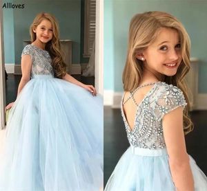 Sky Blue Sparkly Rhinestones Little Girl's Pageant Dresses Jewel Neck Cap Mouwen Prachtige prinses TULLE Flower Girl Todder Formele bruiloftsfeestjurken CL2059