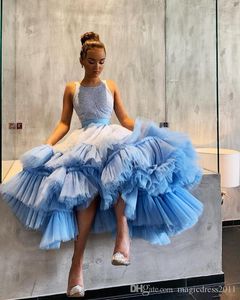 Sky Blue Sparkly Korte Prom Jurken Jewel Hals Backless Lovertjes Thee Lengte Tiered Tulle Puffy Avond Party Dress Robes de Soirée