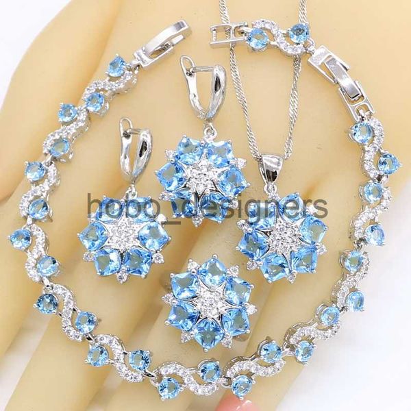 Ensembles de bijoux de mariage de Dubaï pour femmes, pierres bleues ciel, Bracelet, boucles d'oreilles, collier, pendentif, bague, cadeau d'anniversaire de mariée, x0817