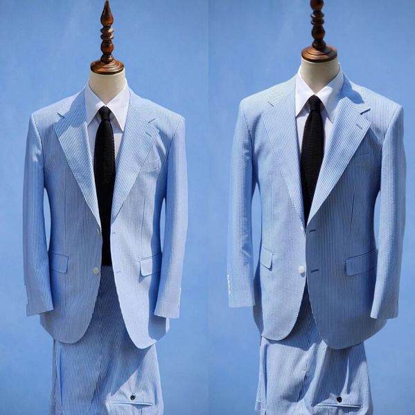 Trajes de hombre a rayas azul cielo Slim Fit boda novio esmoquin solapa con muescas chaqueta de negocios conjunto de 2 piezas traje Homme chaqueta pantalón