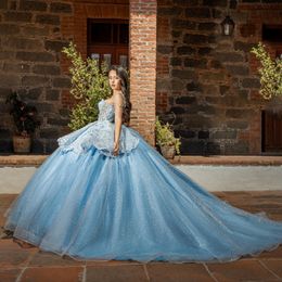 Hemelsblauw lieverd Quinceanera jurk off-shoulder prinses prom baljurk Sweet 16 XV jaar oude kralen kant verjaardag optocht Mexicaanse jurk