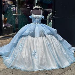 Sky Blue Sweetheart Quinceanera -jurk Sparkly Lace Appliques Sequins 3d Flowers Sweet 16 Princess Ball Jurk Vestidos de 15 anos 0528