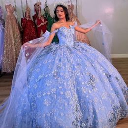 Bleu ciel chérie Quinceanera robes robe de bal Appliques perles avec Cape robes Para Quinceanera 2024 robe de fête d'anniversaire