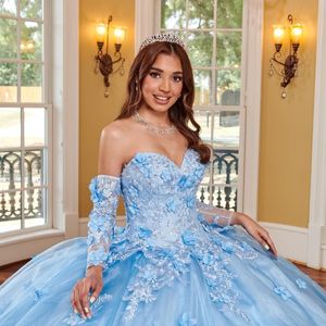 Robe Quinceanera bleu ciel, robe de bal, motif Floral 3D, avec des Appliques en dentelle, épaules dénudées, Corset pour 15 filles