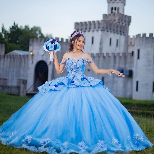 Vestidos de quinceañera con escote en forma de corazón azul cielo, vestido de baile con flores florales en 3D, apliques de cuentas de encaje con hombros descubiertos, corsé para 15 niñas dulces