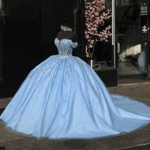 Robes de Quinceanera chérie bleu ciel pour 16 fêtes princesse Appliques Tulle dentelle perles robe de fête d'anniversaire robes de 15 boule