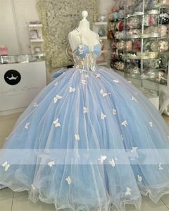 Sky Blue Sweetheart Quinceanera Robes avec Big Bow Ball Robe sans manches Appliques 3D Butterfly Vestidos de 15 Anos 322