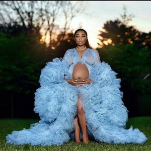 Sky Blue Tulle Maternity Prom Dresses 2020 Plus Size Ruffles Tiered Tule Avondjurken Lange Mouwen Baby Shower Jurk Vestido