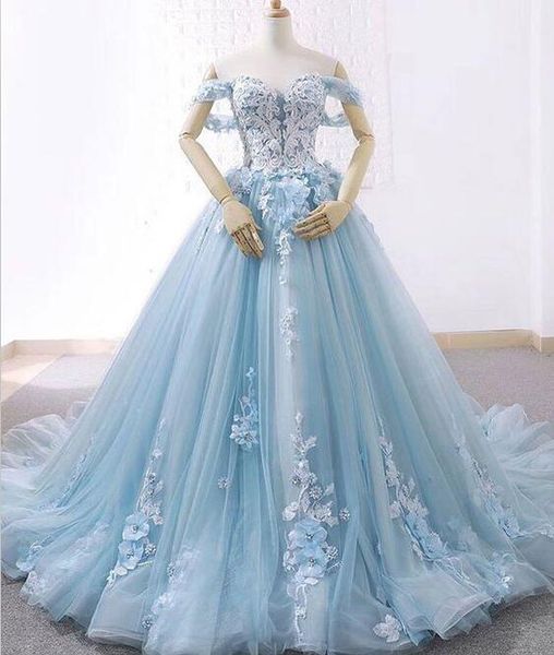 Bleu ciel Tulle Hors Épaule Robe De Bal Personnalisé Plus La Taille Pays Robes De Mariée Dentelle Applique Zuhair Murad Robes De Mariée 2019