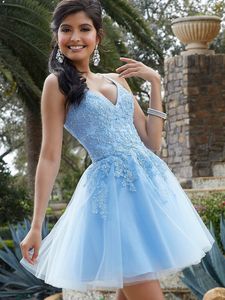 Hemelsblauw Tulle Short Homecoming Jurken A-lijn Spaghetti Beaded Applique Lace Up Cocktail Party Graduation Gowns Vestidos