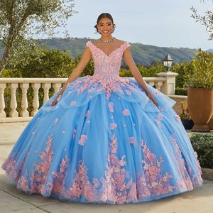 Hemelsblauw V-hals Baljurk Quinceanera Jurken Kralen Celebrity Partij Jassen Applique Bloem Afstuderen Vestido De 15 Anos Robe De