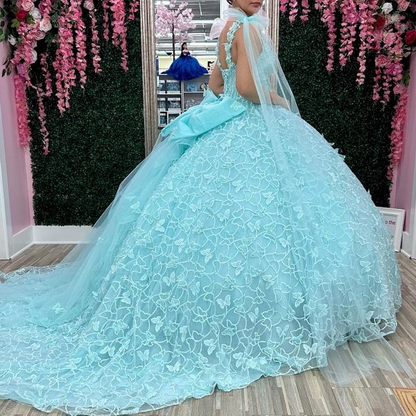 Bleu ciel col en v princesse Quinceanera robe robe De bal avec Cape papillon Applique Beadig doux 16 robe robes De 15 Anos