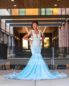 Sky Blue Veet Diamonds Long Prom -jurk 2024 voor zwarte meisjes Rhinestones Verjaardagsfeestje Jurken Crystal Evening Jurk