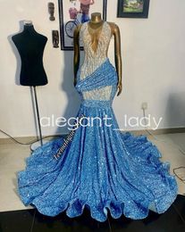 Robe de soirée en velours bleu ciel scintillante pour femmes, robe de luxe en cristal et diamant, robe de cérémonie de bal, pour filles noires