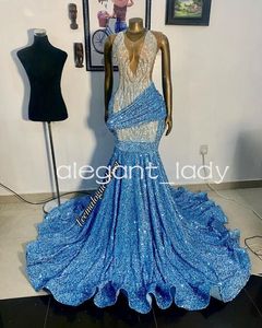 Hemelsblauw fluwelen sprankelende formele avondjurken voor dames Luxe Diamond Crystal promceremoniejurk robe de soiree zwart meisje