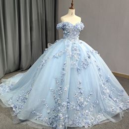 Céu azul vestido de xv anos fora do ombro vestidos quinceanera 2024 doce 15 vestidos de baile applique rendas contas floral pageant vestido