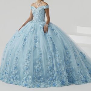 Bleu ciel robes de 15 anos luxe robe de Quinceanera Appliques dentelle perles Tull hors de l'épaule princesse robes de bal doux 16 robes