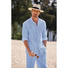 Bleu ciel blanc noir costume de sport hommes plage décontracté lin ample chemise à manches longues pantalon vêtements de travail deux pièces tenue masculine ensemble 240318