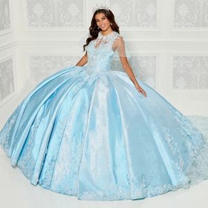 Robe Quinceanera à paillettes scintillantes, col en v, bleu ciel, fleurs appliquées, perles, robes de bal, traîne de balayage, 15 ans, doux 16