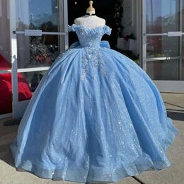 Sky Robe Ball Sparkly Blue Quinceanera Robe Elegant Prom Prom 3D Floral Appliques Party Lace Birthday Robes ES