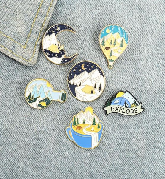 Sky Mountain Shape Alloy Brooches Coffee Moon Explore Camping Model Pins Balloon Cercle Sac à dos Badge Bijoux entiers Acces271G5953161