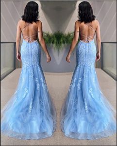 Sky Sexy Backless Blue Tule Lace Appliques Mermaid Prom Dresses Long Halter Spaghetti Brapt Women Ocn Avond Jurds