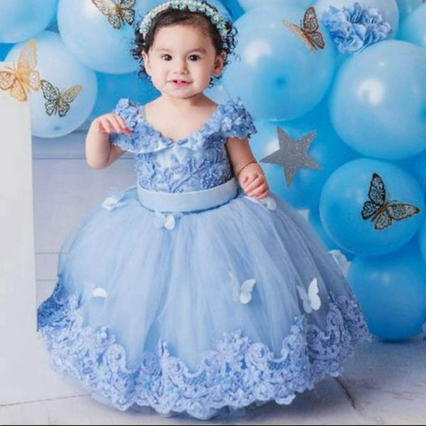 Vestidos de niña de flores azul cielo Correas espaguetis Perlas Vestido de fiesta de encaje Vestidos de niña de flores de princesa para niños pequeños Vestido de fiesta de cumpleaños Vestido para hija y madre CF005