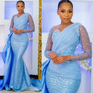 SkyBlue Mermaid Elegant Evening Sheer Neck Long Sheeves Lades Lace Prom -jurken voor speciale OCNS Afrikaanse zwarte vrouwen Verjaardagsfeestjurk AM318 407