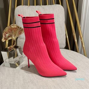 Skye Logo Knit Ankle Boots Poated Toe Stiletto Heel Booties Pull-On Design Fashion Boot Runway Luxe Designers Schoen Haked For Women Factory Footwear 02