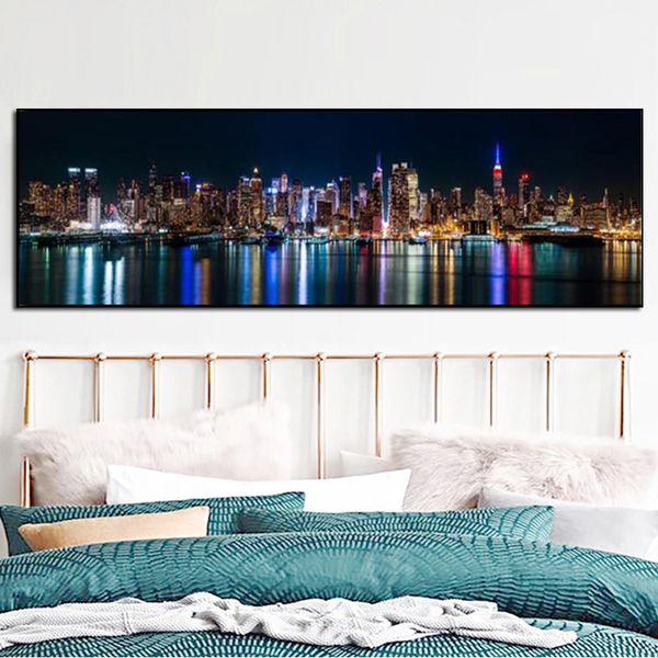 Skyline Of Manhattan-impresiones artísticas en lienzo, vista nocturna de la ciudad de Nueva York, carteles e impresiones, pintura en lienzo para decoración de dormitorio y habitación