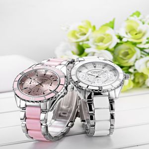 Skylove8 aanbevolen hoogwaardige Longbo drie-ogen stalen riem keramische damesjurk horloge herenmode waterdicht lumin285o