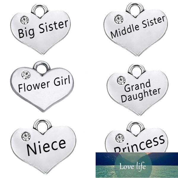 Skyrim 10pcs Familia Crystal Heart Charm Hermana Princesa Hija Papá Niña Palabra de bricolaje Posto flotante para joyas