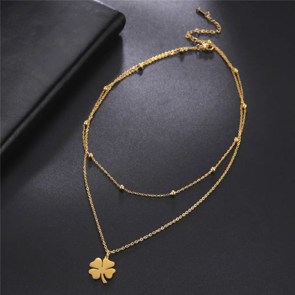 Skyrim – collier porte-bonheur trèfle à quatre feuilles, en acier inoxydable, couleur or, breloques pour femmes et filles, bijoux à la mode, vente en gros, chaîne à Double clavicule