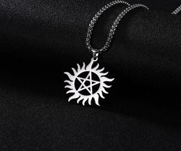 Skyrim acier inoxydable brillant soleil pentagramme pendentif collier surnaturel Dean déclaration boîte chaîne colliers bijoux pour hommes 1289585