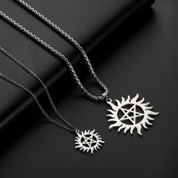 Skyrim acier inoxydable brillant soleil pentagramme pendentif collier surnaturel Dean déclaration boîte chaîne colliers bijoux femmes hommes Y0234Y