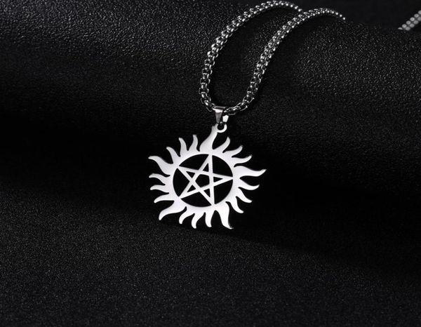Skyrim acier inoxydable brillant soleil pentagramme pendentif collier surnaturel Dean déclaration boîte chaîne colliers bijoux pour Men8877138