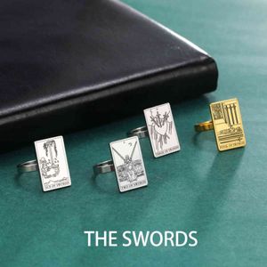 Skyrim The Swords Tarot Cards Bague Acier inoxydable Or Couleur Or Amulette Bonne chance Astrologie Anneaux Esotérisme Bijoux pour Femmes Hommes G1125