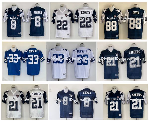 SL Throwback Football Jersey 88 Michael Irvin 22 Emmitt Smith 8 Troy Aikman 12 Roger Staubach 33 Tony Dorsett 21 Deion Sanders 75e anniversaire