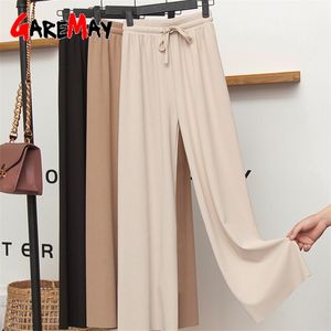 Pantalones sueltos de verano de Slack Seda de hielo suave Longitud del tobillo Negro Pierna ancha Gris Caqui Mujeres Pantalones de cintura alta 220211