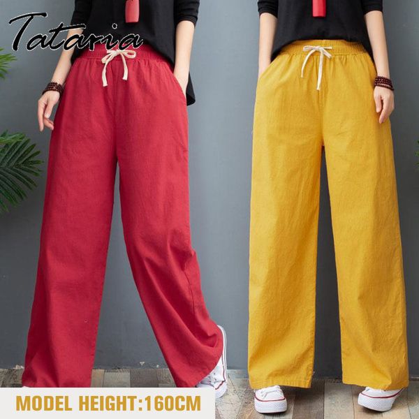 Pantalons femmes coton lin lâche été pantalon doux cheville longueur jambe large rouge femmes taille haute pantalon droit femme 210514