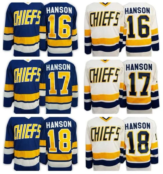 Slap Shot Charlestown CHIEFS Mens 16 Jack HANSON Maillots 17 Steve HAN Ice Hockey Jersey''nHl''Broderie Vintage 18 Jeff HANSON CCM Movie Jersey