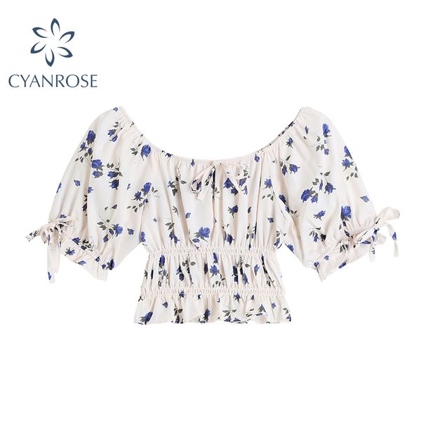 Slash Neck Crop Blouses Femmes Lace up Design À Manches Courtes Rétro Imprimé Floral Chemises Femme Élégant Élastique Romantique Drapé Tops 210417