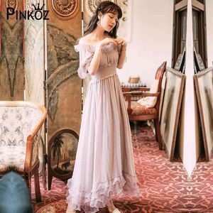 slash cou volants maxi taille haute robe maille manches bouffantes dot young sweet summer party anniversaire beige robes 210421