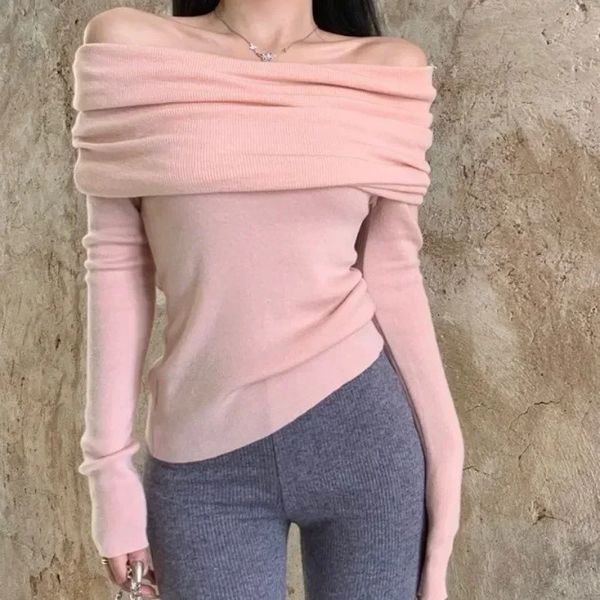 Slash Neck Sweater Hors Épaule Tricots Jumper Mode Coréenne Femmes Slim SexyY2k Automne Hiver Vêtements Rose Noir Abricot 240131
